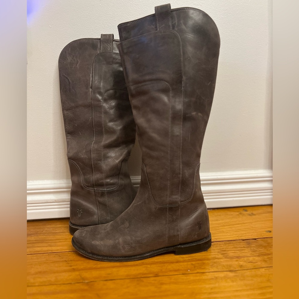Frye Paige Gray Leather Tall Knee High Riding Boots Womens Size 8 B